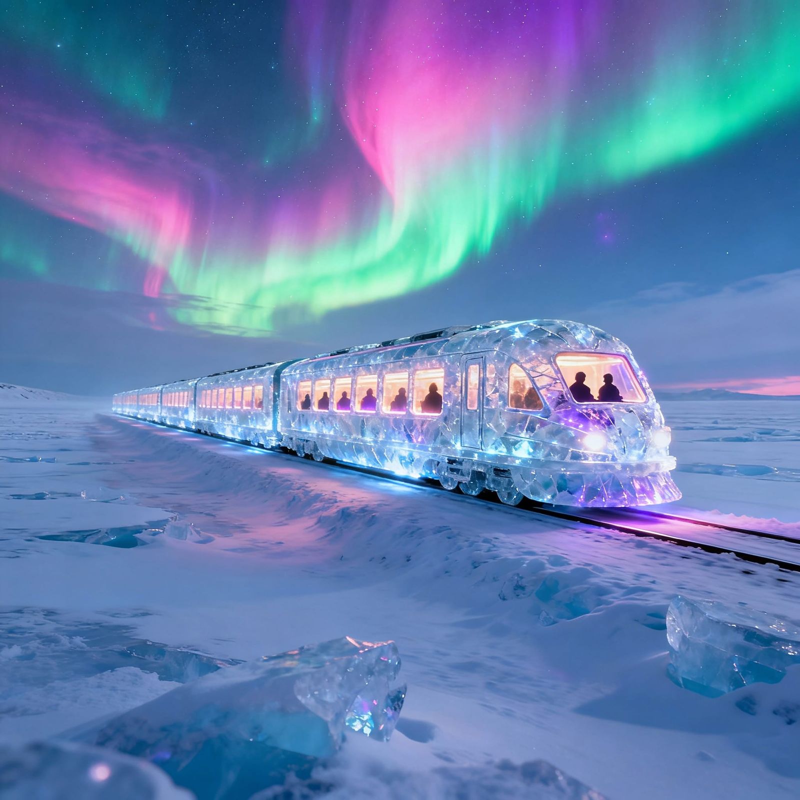 Enchanted Ice Train Under Aurora Borealis Sky