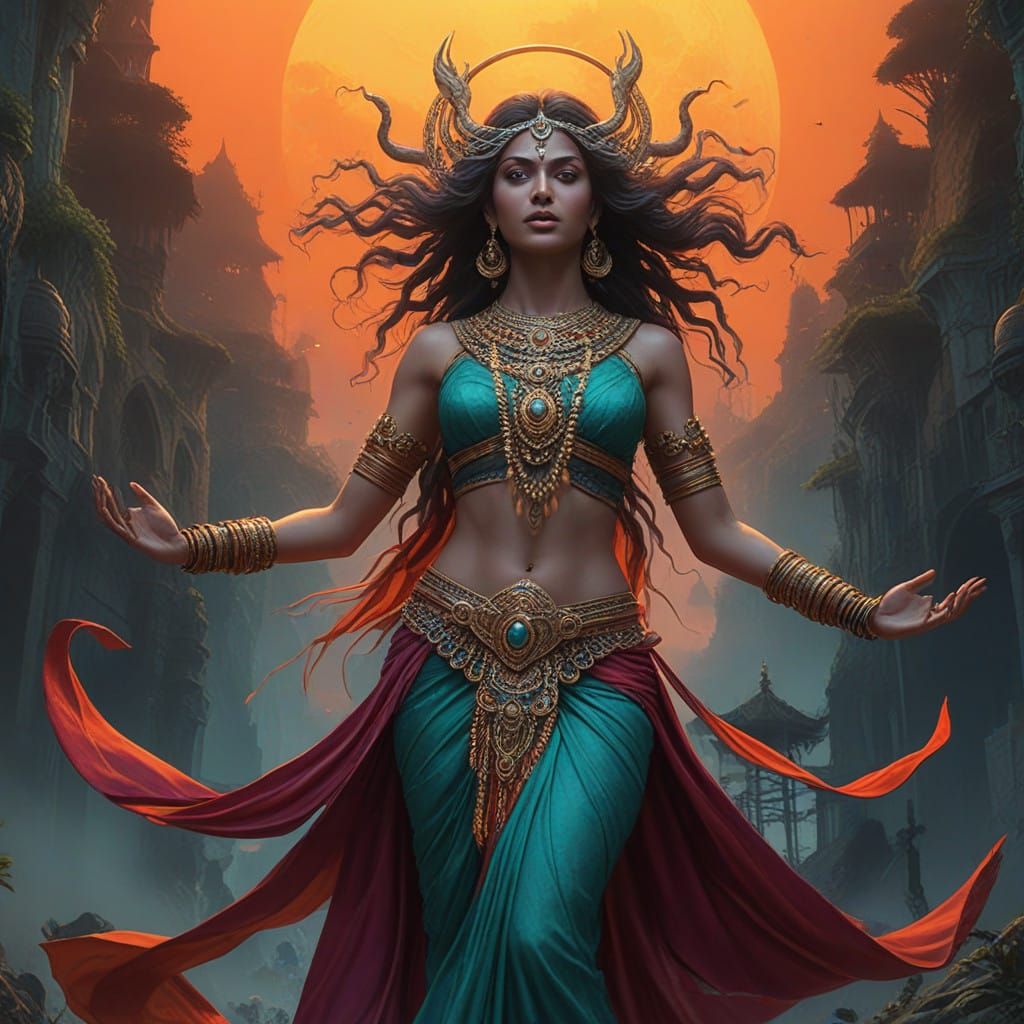 Surreal Goddess Charges in Electric Blue and Purple Energy