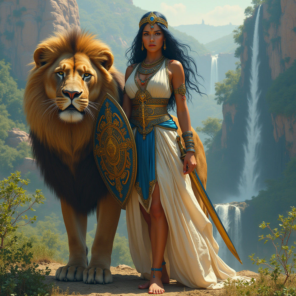Ishtar: Ancient Queen with Lion in Matte Painting Style