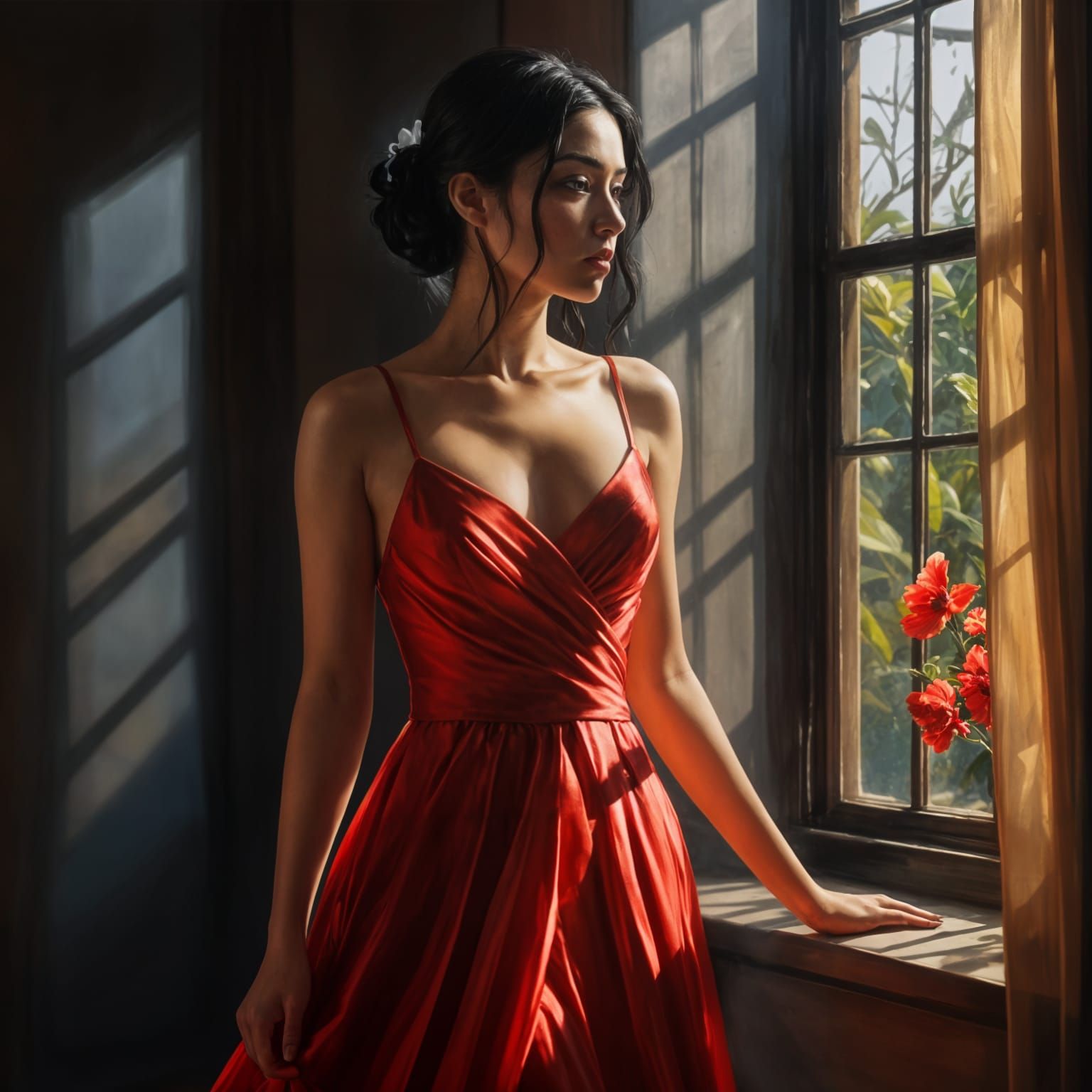 Girl in Red Gown Walking in Sunlight