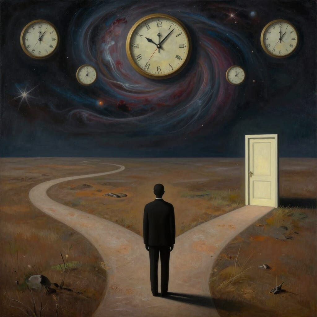Surreal Crossroads Painting: Choice and Inaction