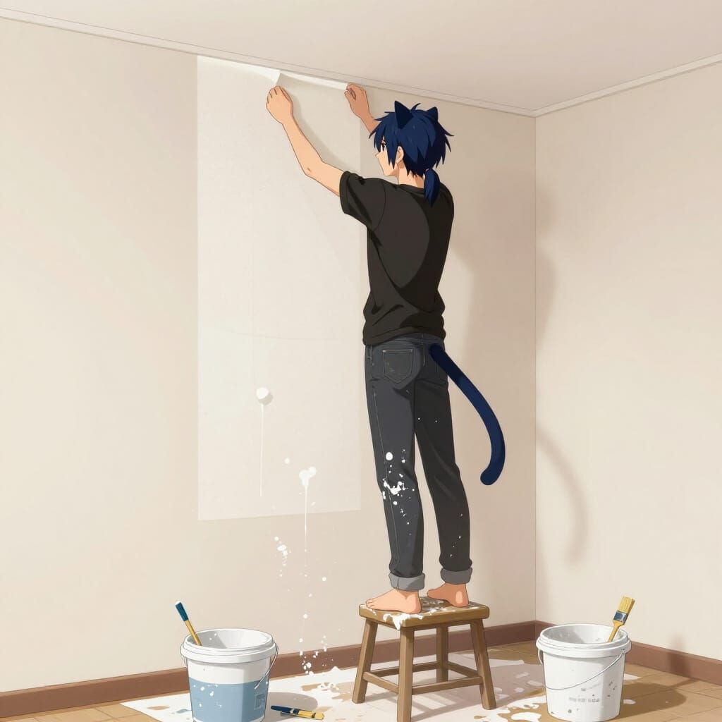 2.5D Anime Character Glues Wallpaper in Minimalist Room