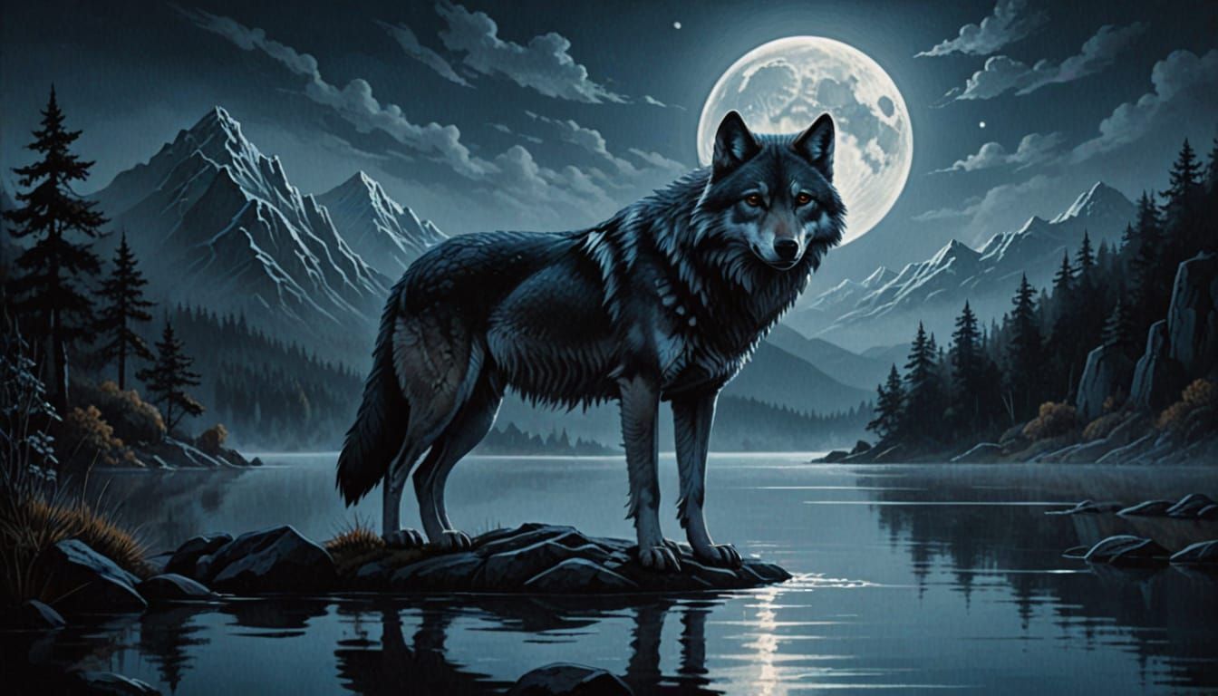 Mystical Wolf Under Moonlight: Gothic Fantasy Oil Painting