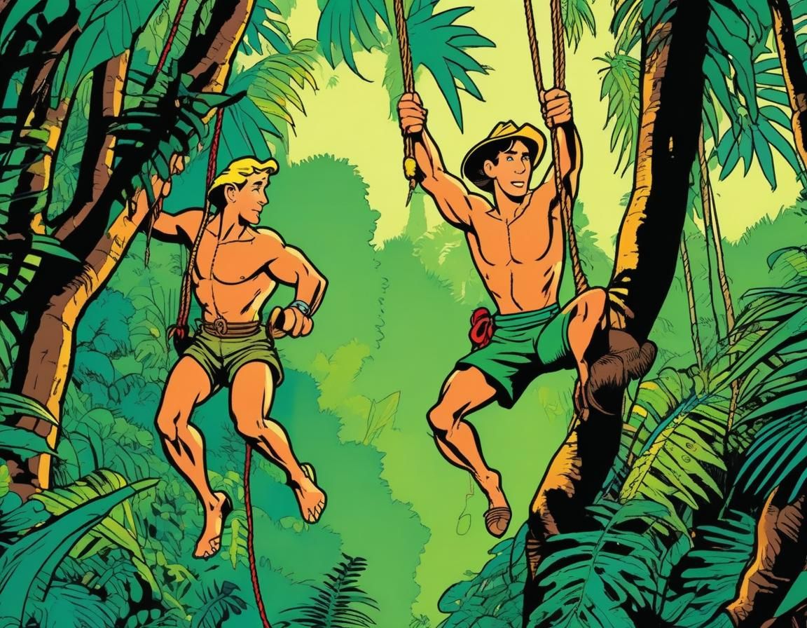 Tarzan and Boy Swinging: Hergé Style Cartoon