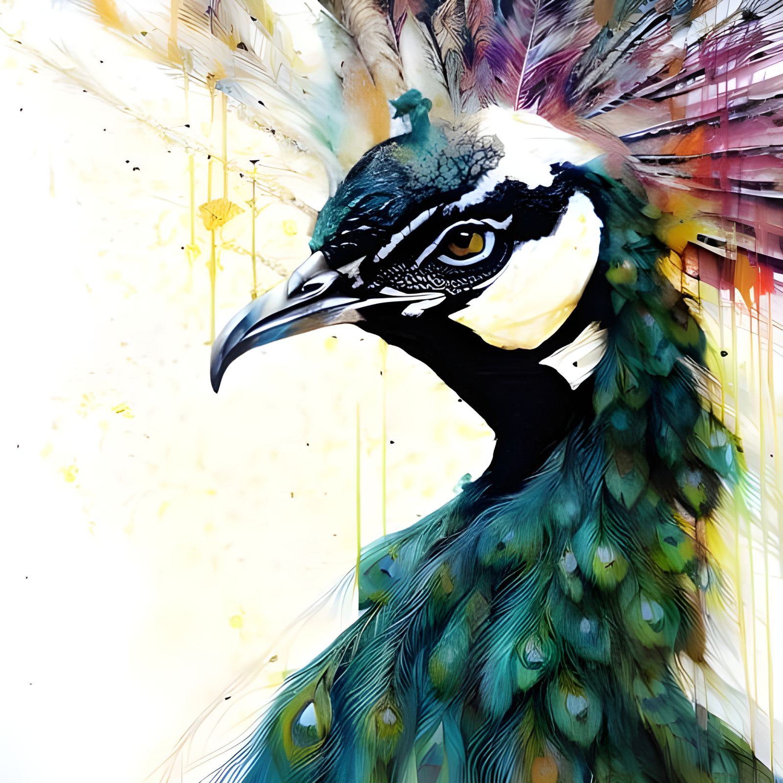 Colorful Ink Splash Peacock Portrait in Oil Painting Style
