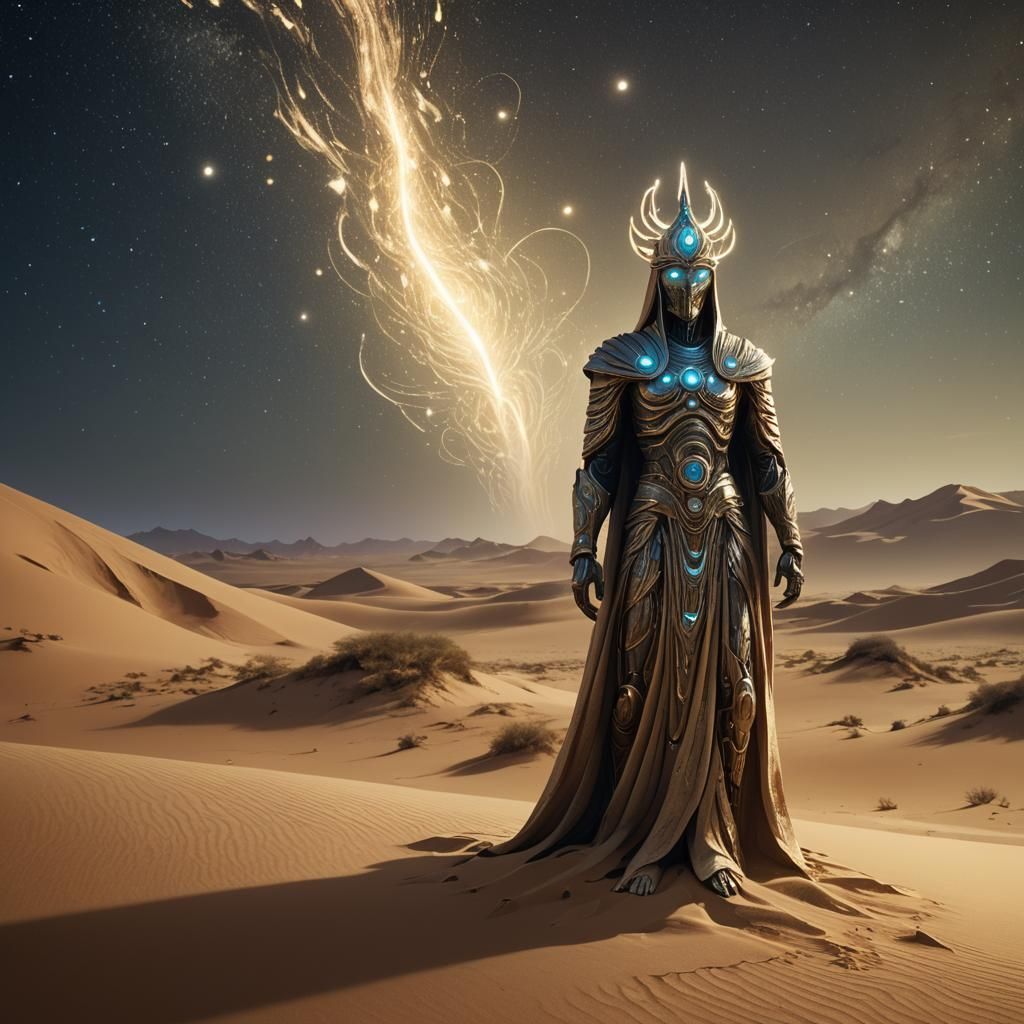 Luminescent Sand Deity in Desert Concept Art