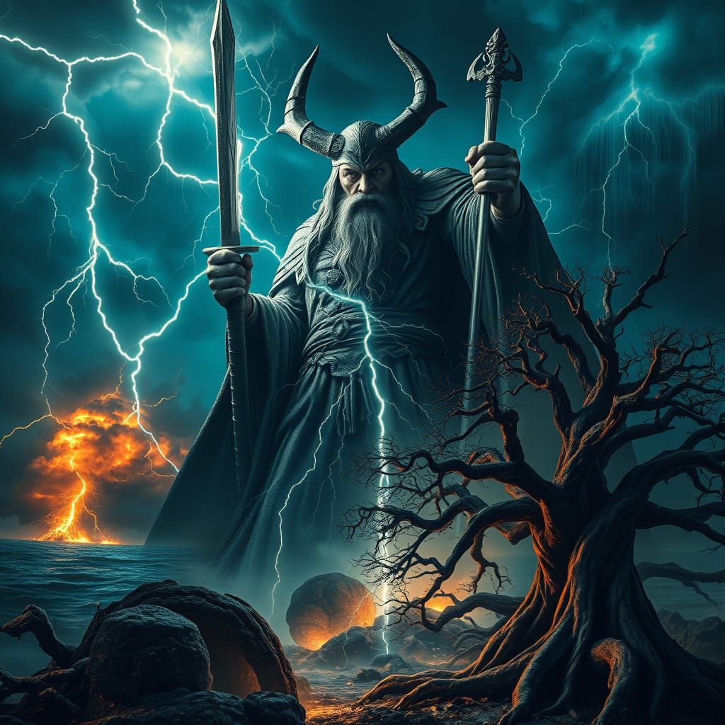 Thunder God Perkunas in Dark Baltic Mythological Landscape