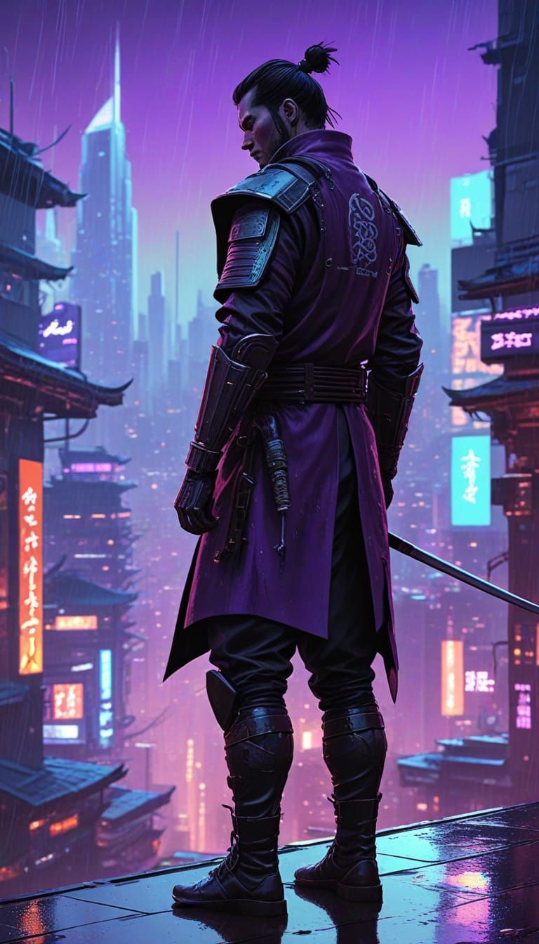 Cyberpunk Samurai on Neon Lit Rooftop in Digital Art