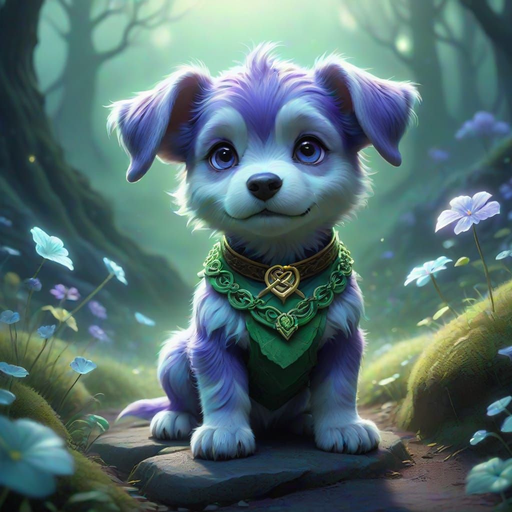 Chibi Leprechaun Puppy in a Whimsical Emerald Land