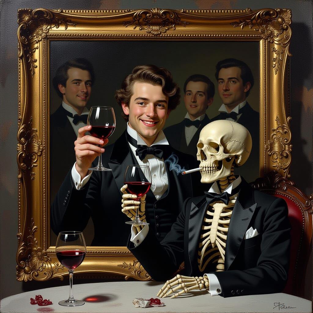 19th Century Man Celebrates With Skeleton in Ornate Frame