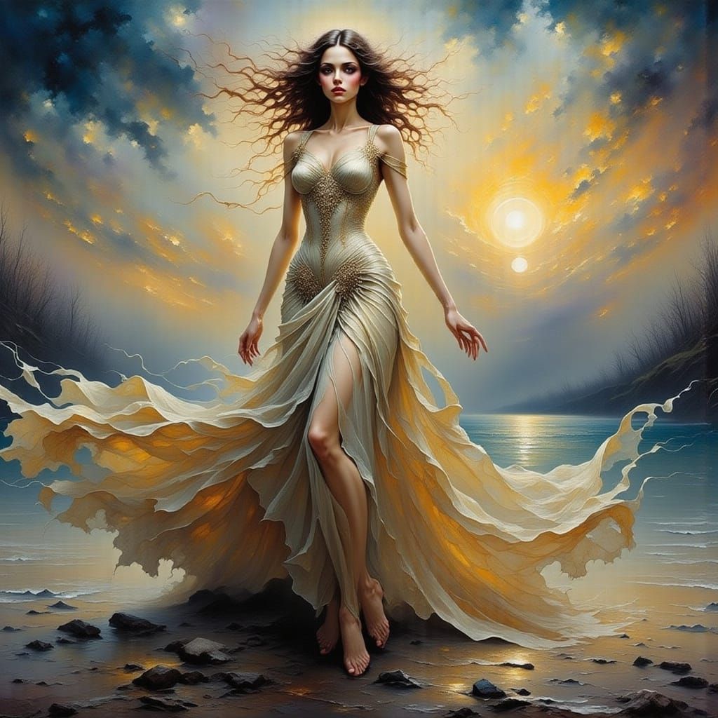 Ethereal Woman in Flowing Gown, Atmospheric Lighting