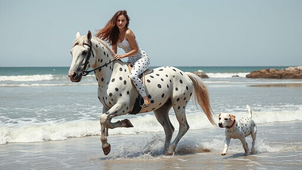 Polka Dot Horse Ride: Beach Scene in Engraving Style