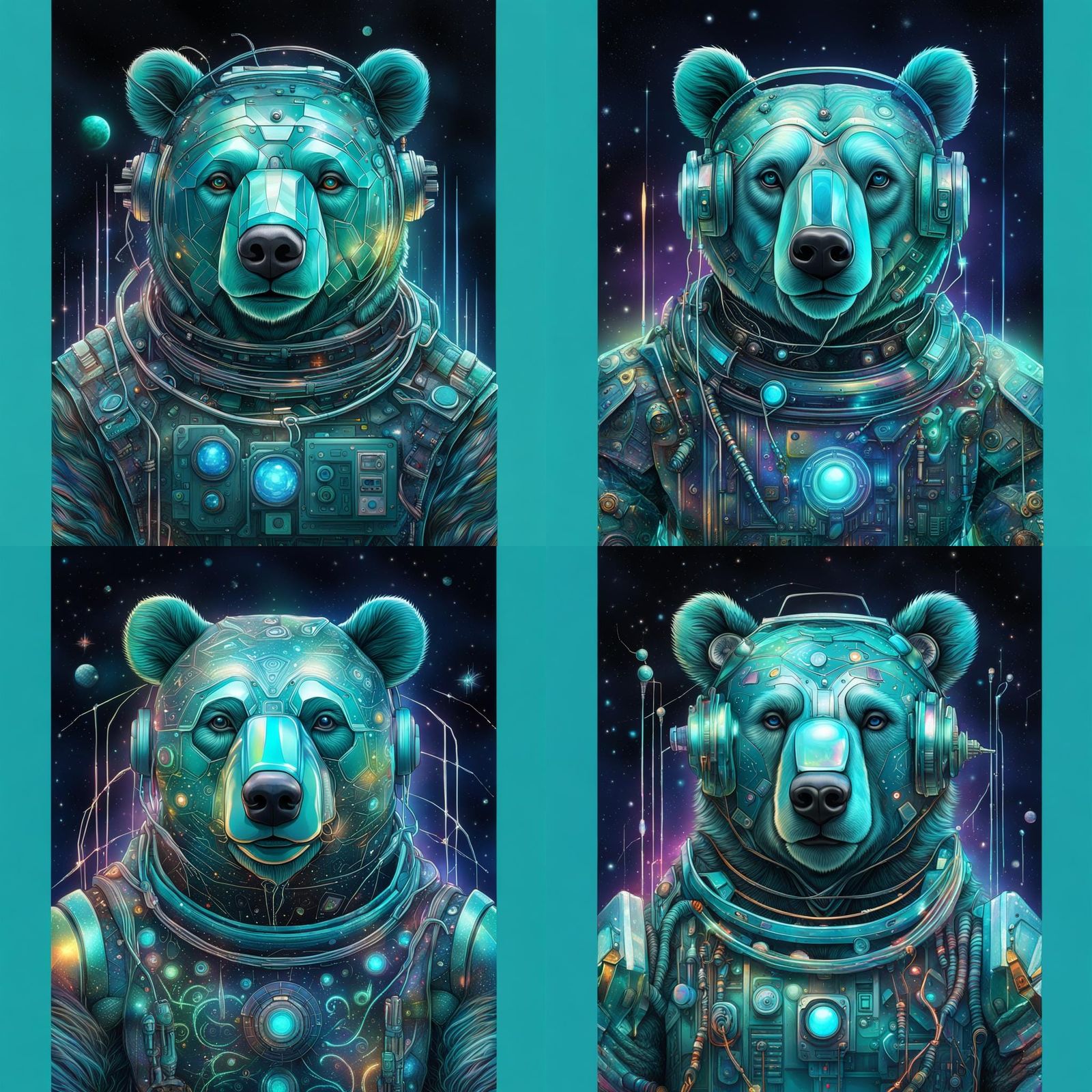 Futuristic Turquoise Robot Bear Holographic Illustration