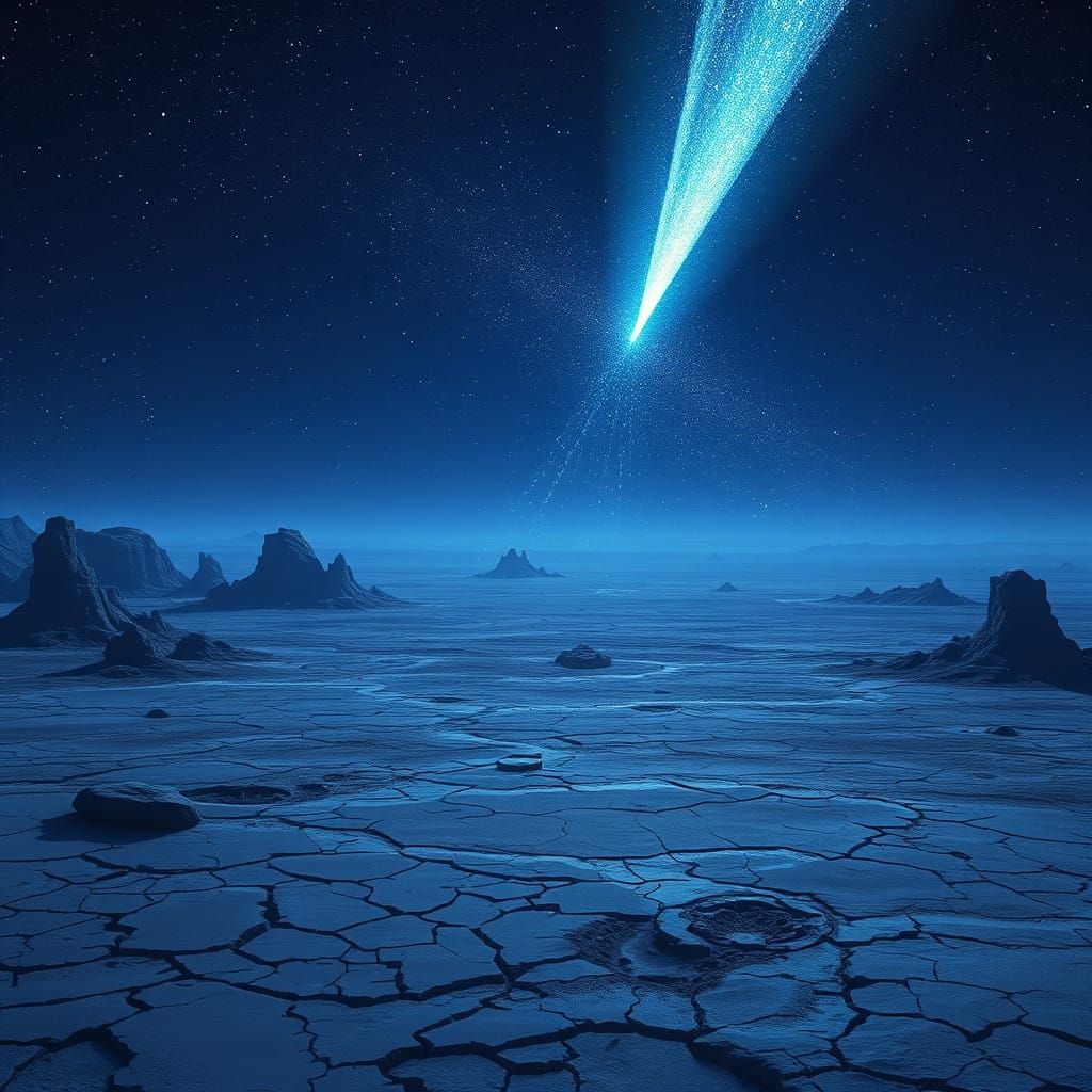 Ethereal Comet Descends on a Barren, Moonless Wasteland