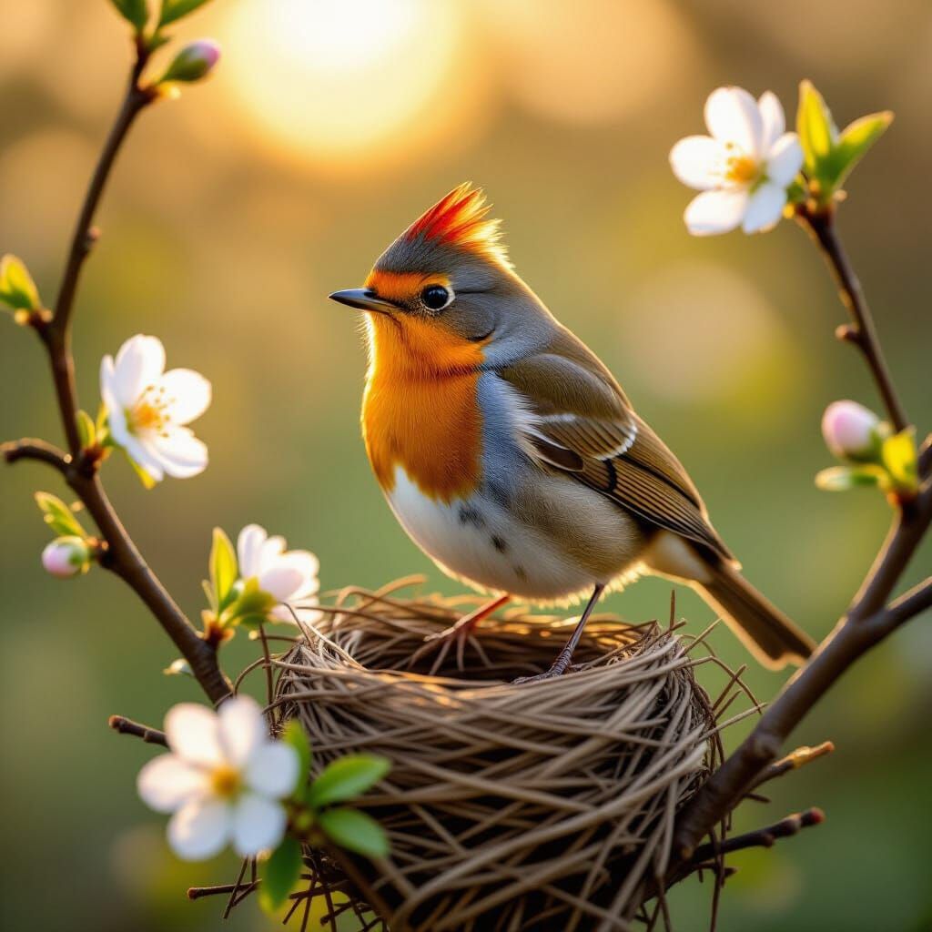 Robin with Red Crown in Spring Blossom