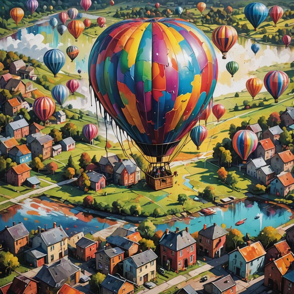 Colorful Hot Air Balloon Over Landscape in Graffiti Art Styl...