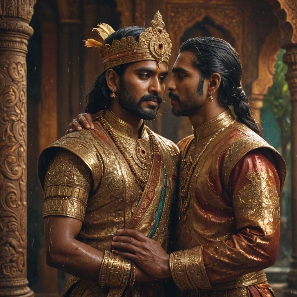South Indian King and Companion Embrace: Hyperrealistic Art