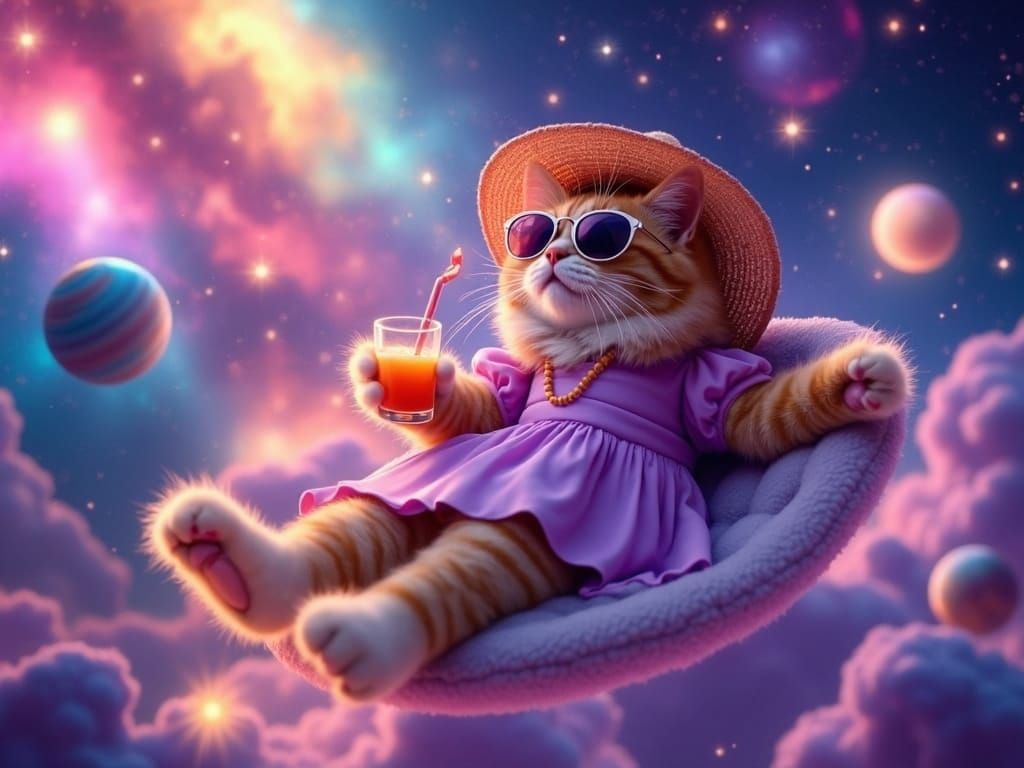 Cute Feline Enjoys Cosmic Getaway in Vibrant Purple Attire