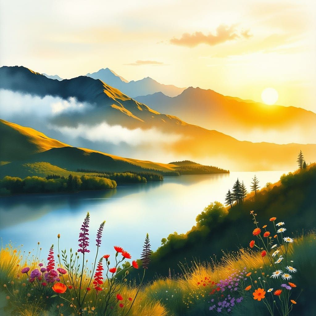Serene Watercolor Landscape with Rolling Hills and Tranquil...