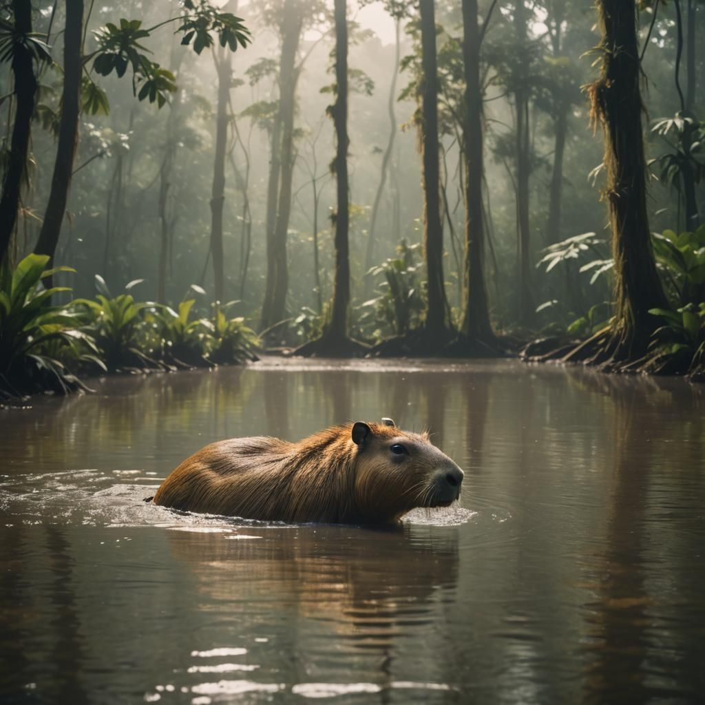 Capybara in Misty Rainforest: Cinematic Film Still
