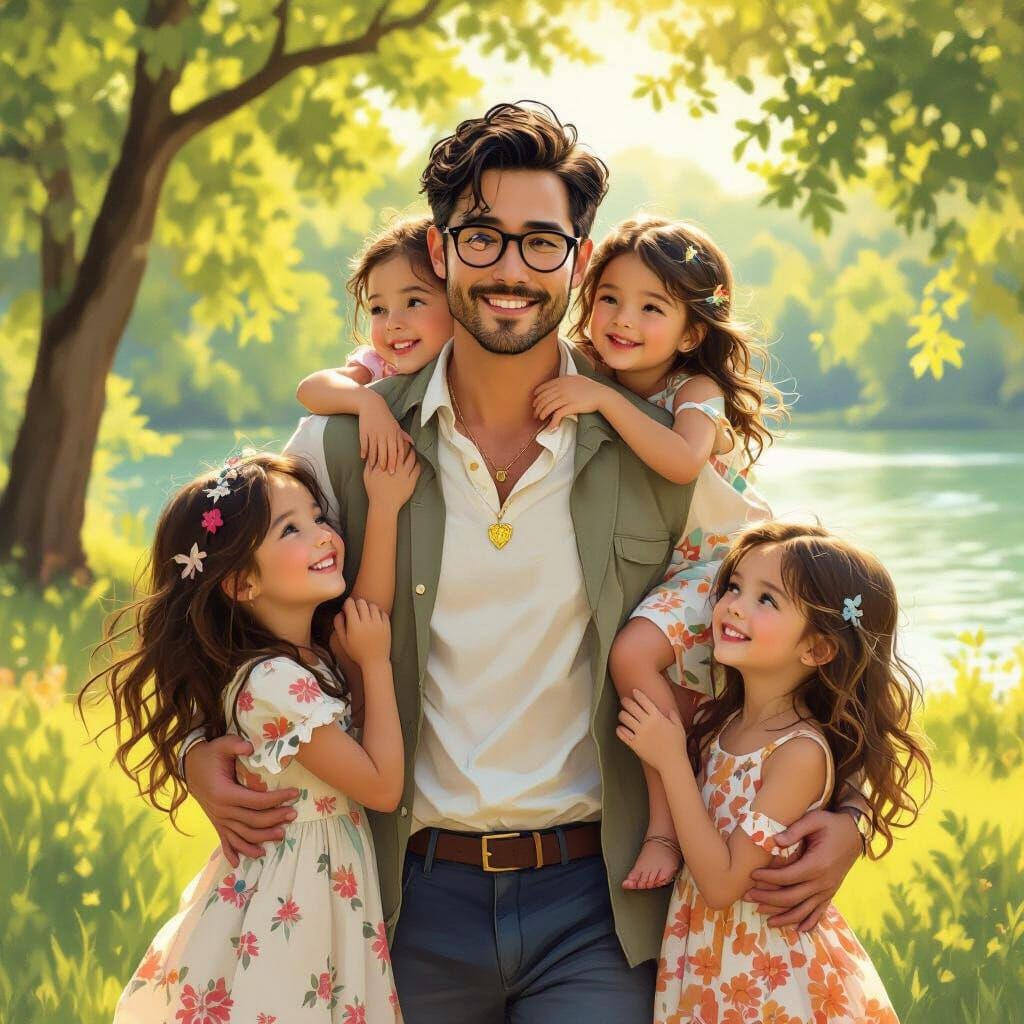Father and Daughters in Sun-Drenched Park, Impressionistic D...