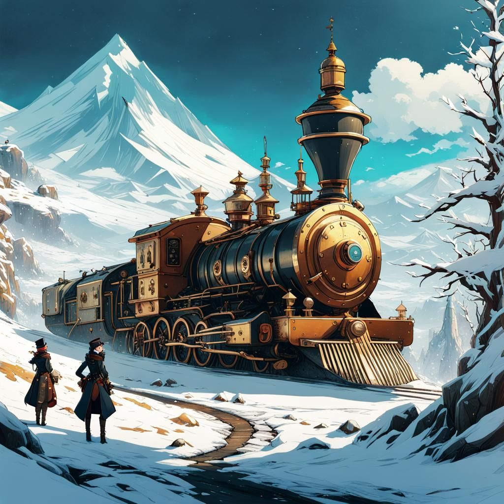 Anime Steampunk Winter Landscape with Seal