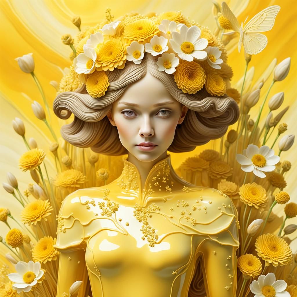 Yellow Woman in Flower Field, Abstract 3D Render