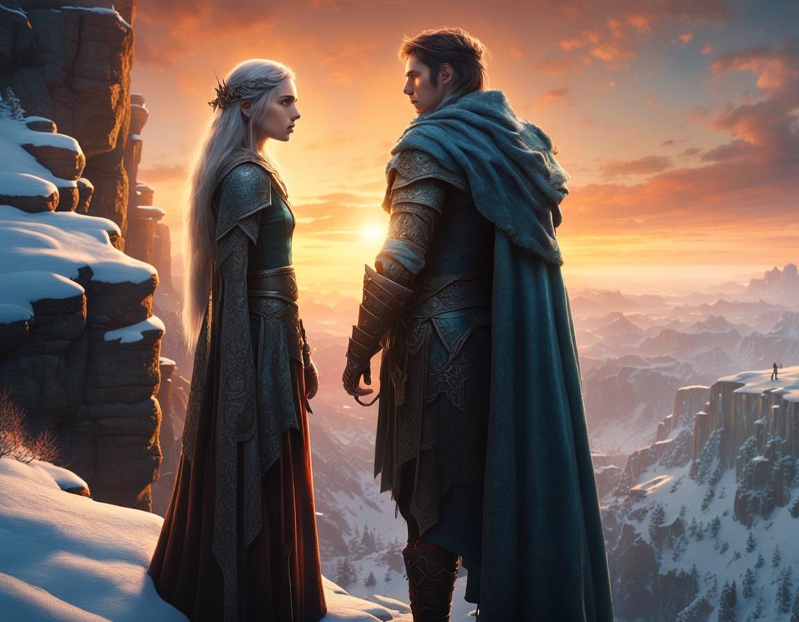 Heroic Warrior and Elf Maiden at Sunset