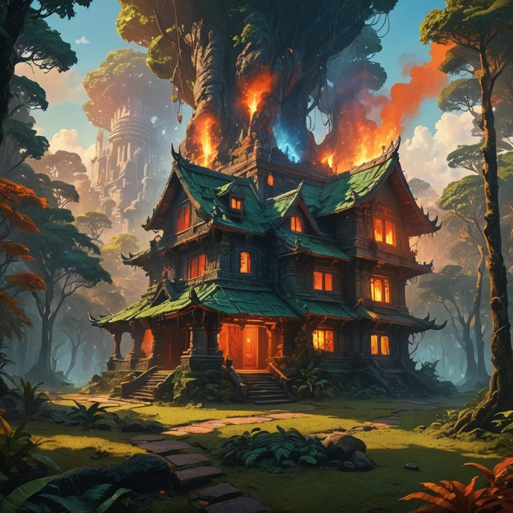 Mystical Jungle Temple Concept Art in Oil Painting Style