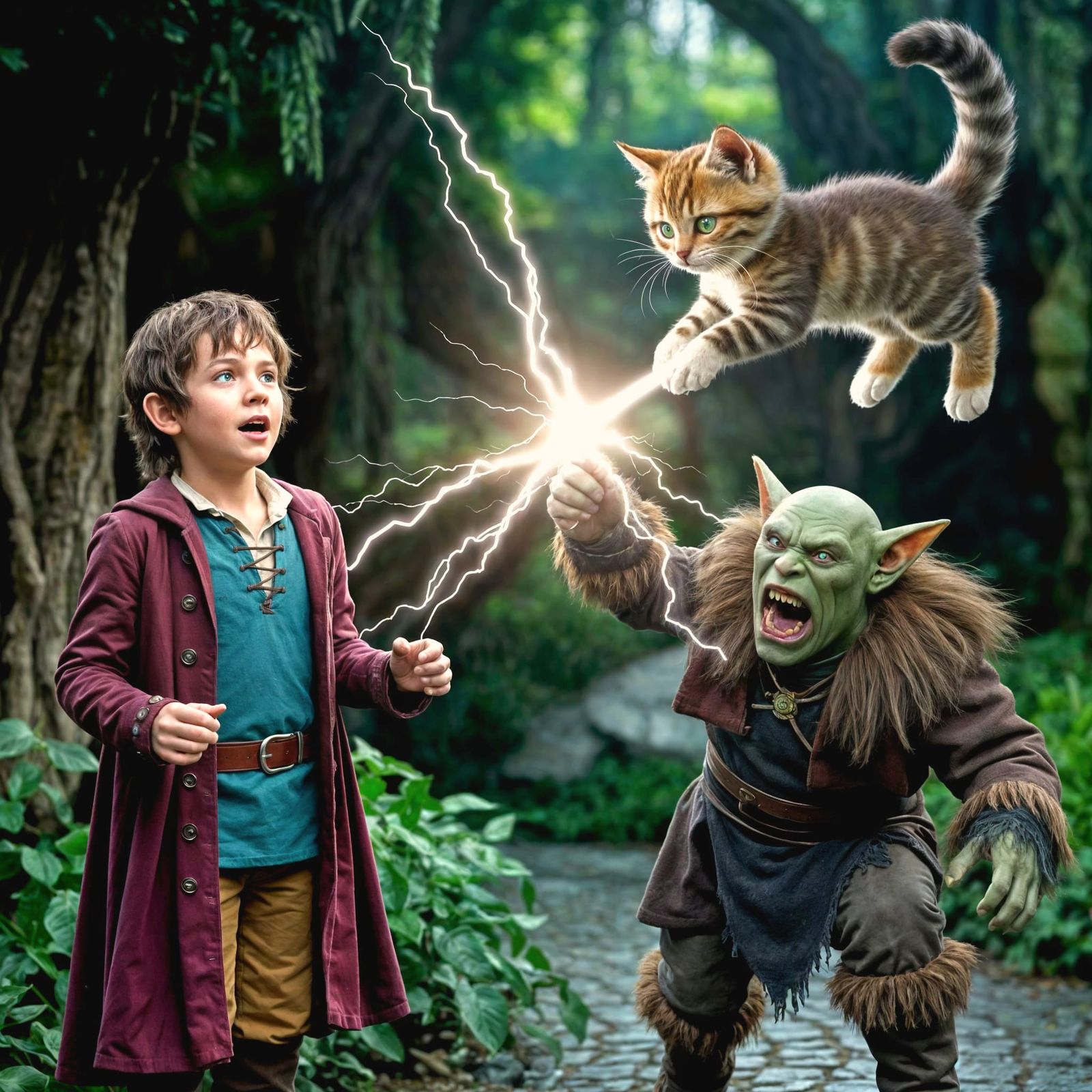 Hobbit Boy Astonished by Cheshire Cat's Lightning Bolt