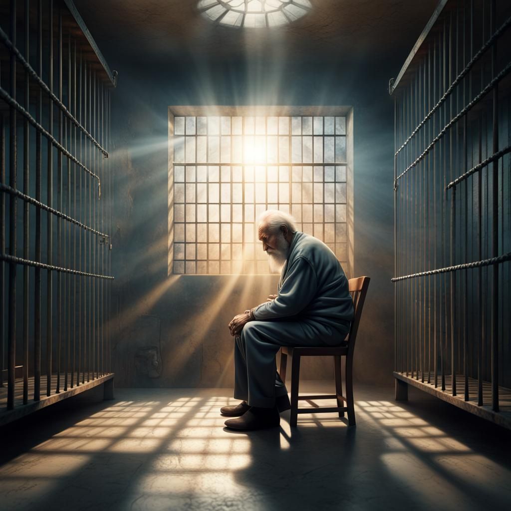 Old Man in Bright Modern Prison Cell