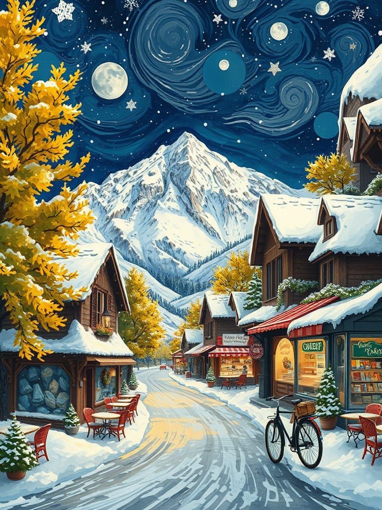 Dreamy Winter Wonderland Scene with Snowy Village and Swirli...