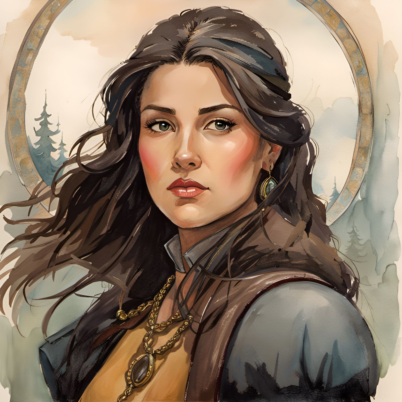 Chubby Medieval Woman in Watercolor Painting Style