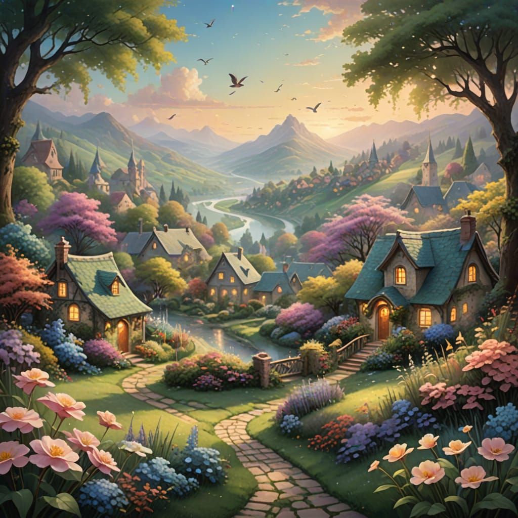 Surreal Village Scene in Whimsical Style