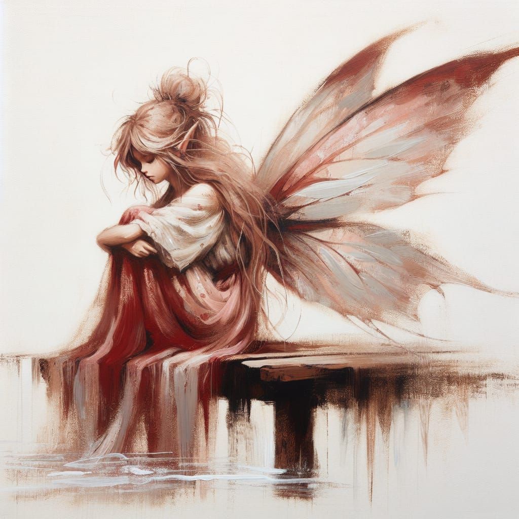 Sad Fairy on White Dock in Red Wings, Fantasy Art