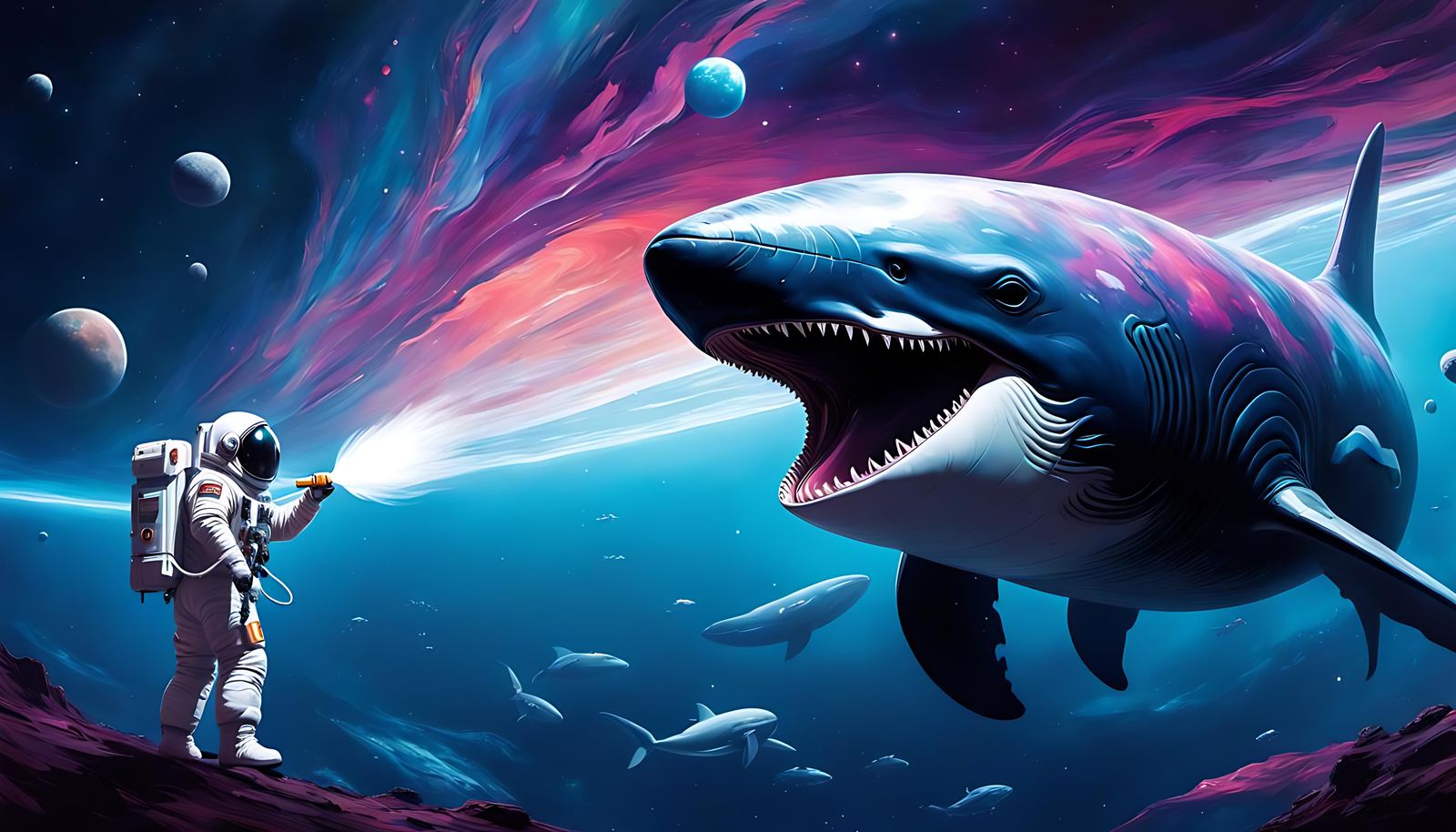 Astronaut Cleans Space Whale Teeth in Digital Art Style