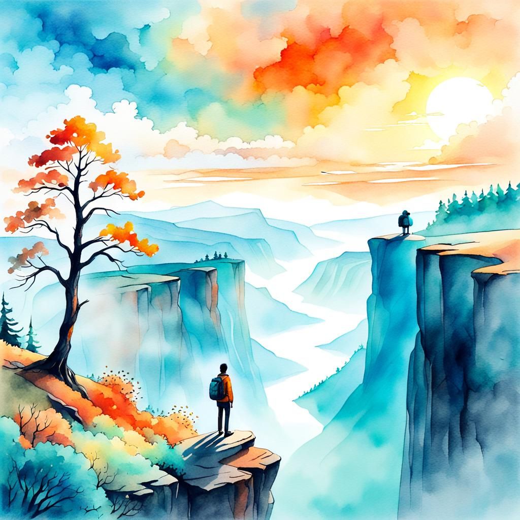 Traveler at Misty Cliff: Watercolor Dreamscape