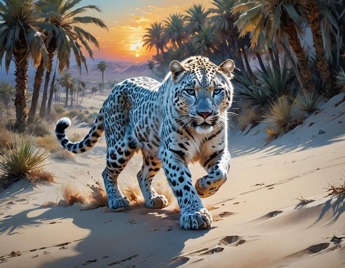 White Leopard in Fiery Desert Sunset