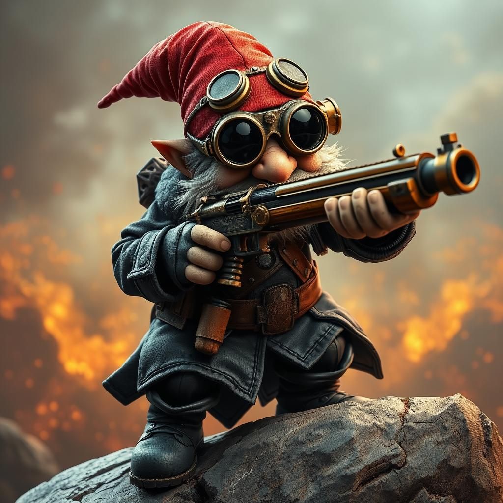 Steampunk Gnome with Blunderbuss in Action Scene