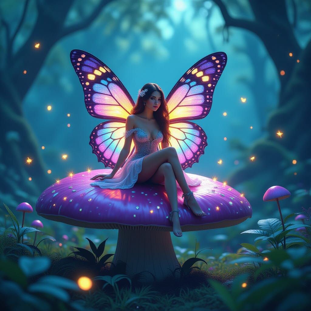 Ethereal Fantasy Art: Woman with Opal Wings on Mushroom