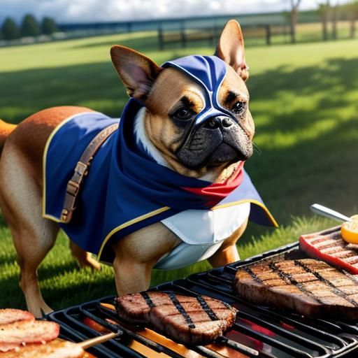 a dog wearing a cape and mask while grilling steak