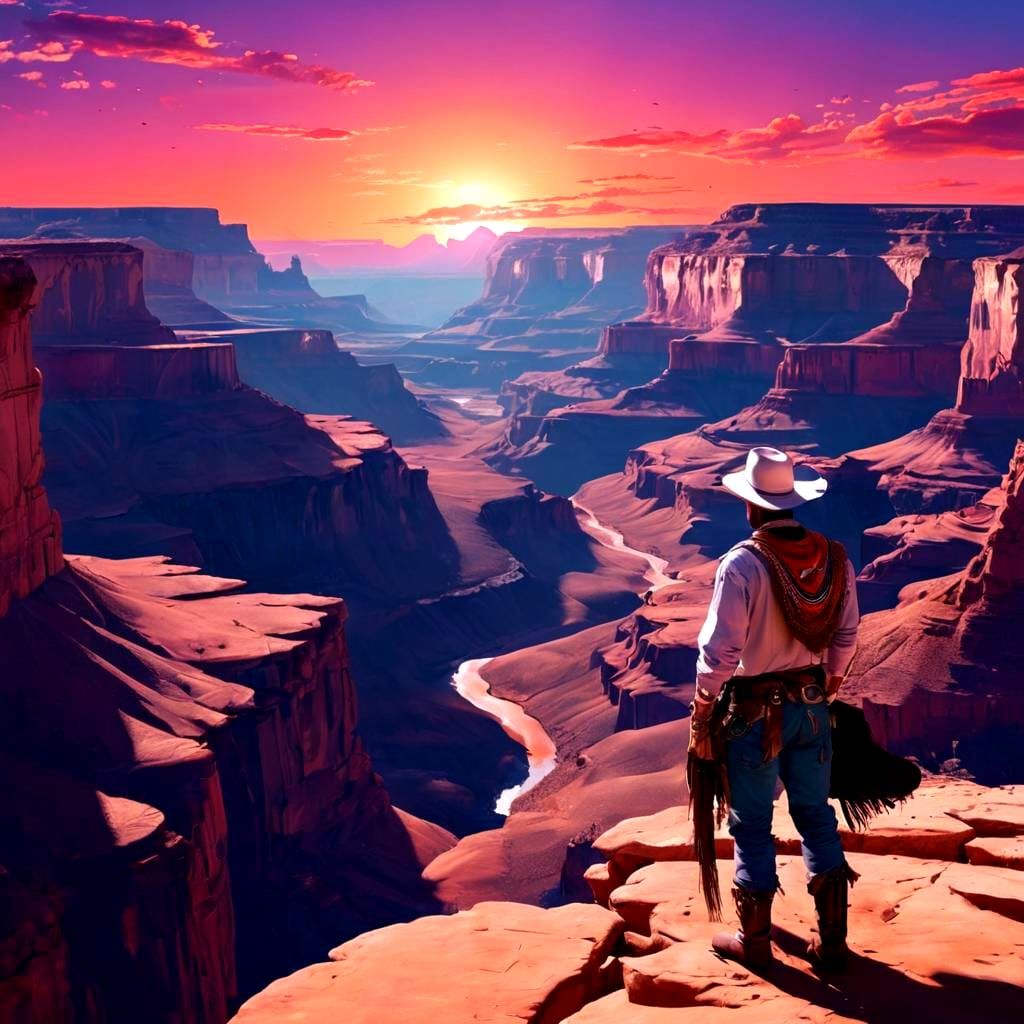 Vaporwave Cowboy Sunset over Desert Canyon