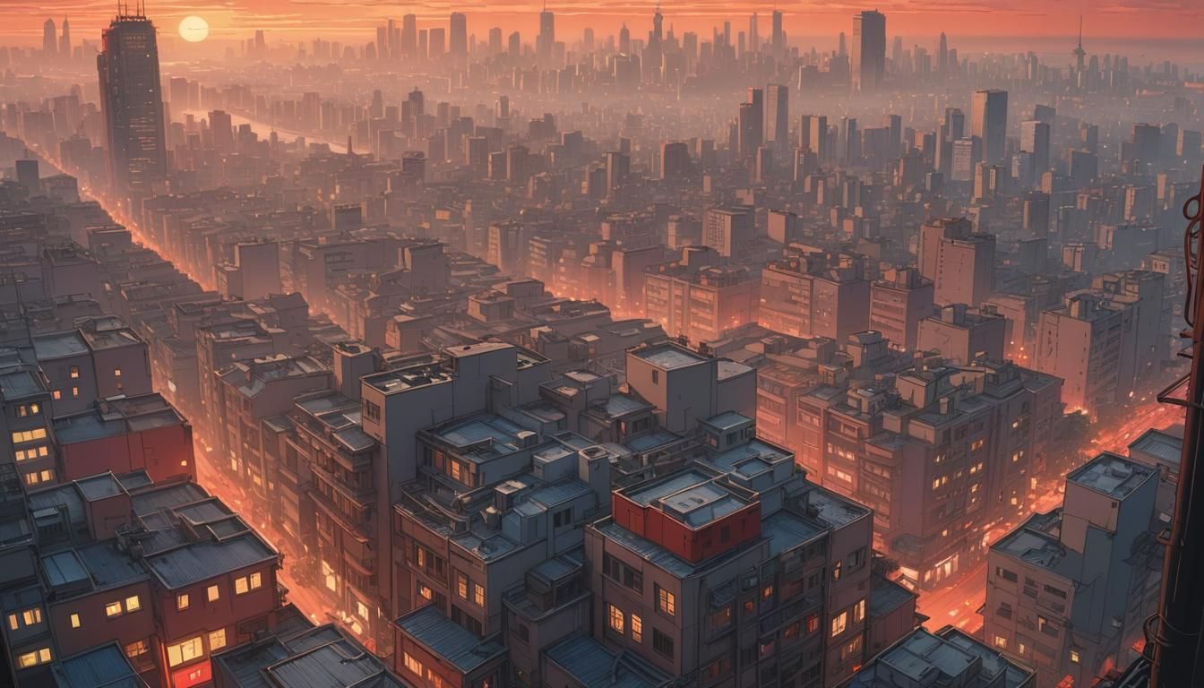 Shanghai Dawn in Comic Style with Red Sun
