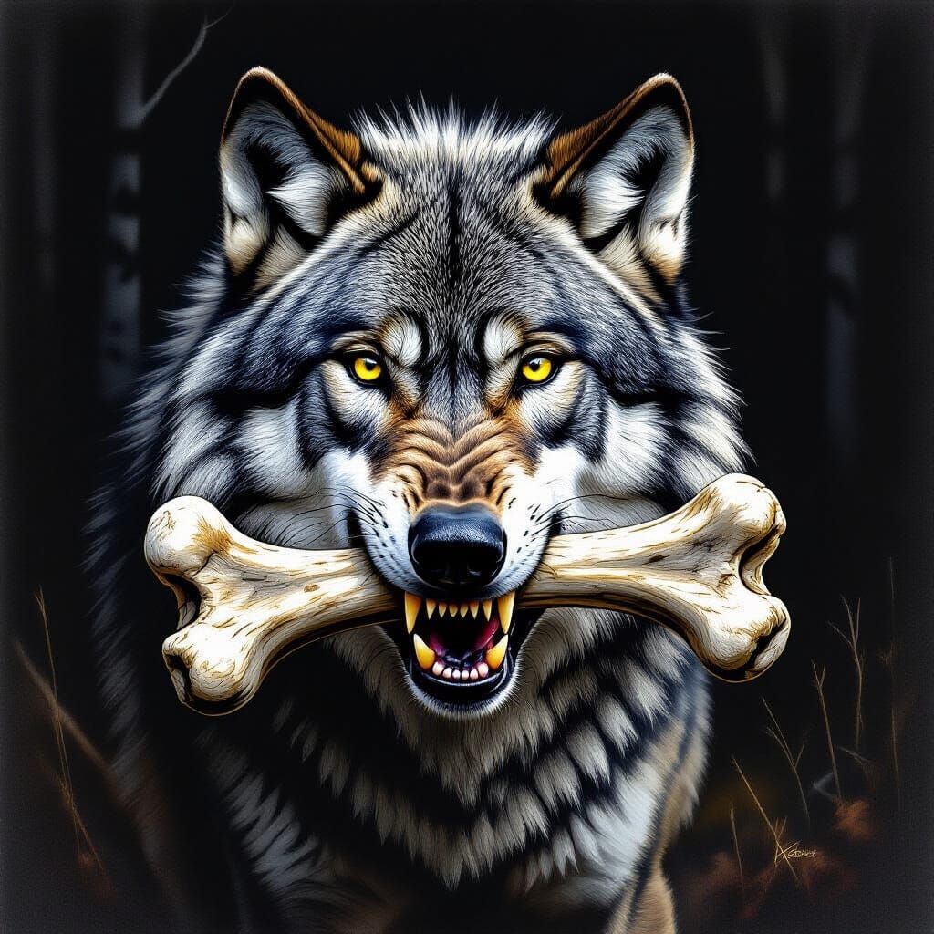 Charcoal Drawing of Wolf Holding Bone in Moody Forest