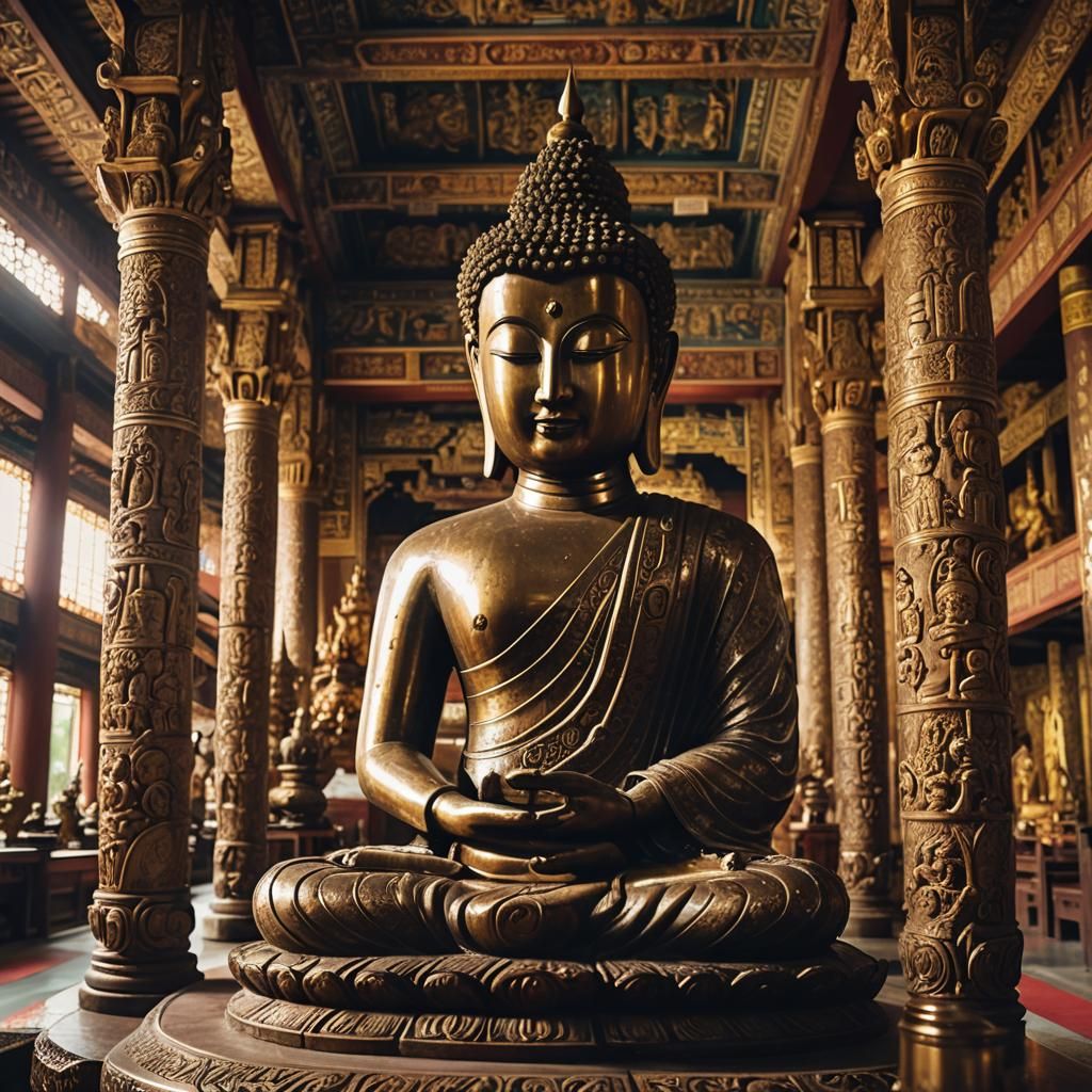 Majestic Buddha Statue in Temple Interior