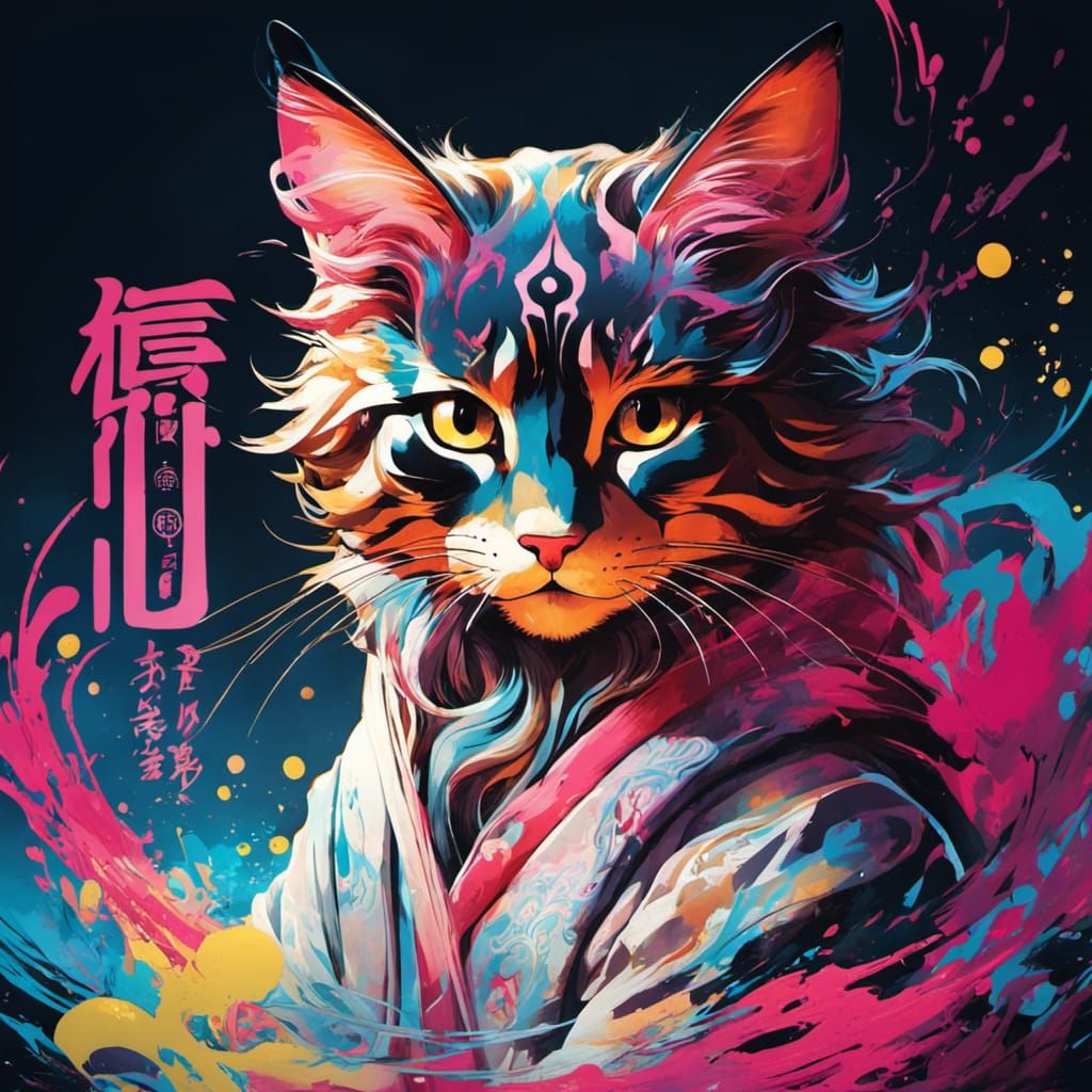 Striking Asian Neko Yokai in Street Art Style