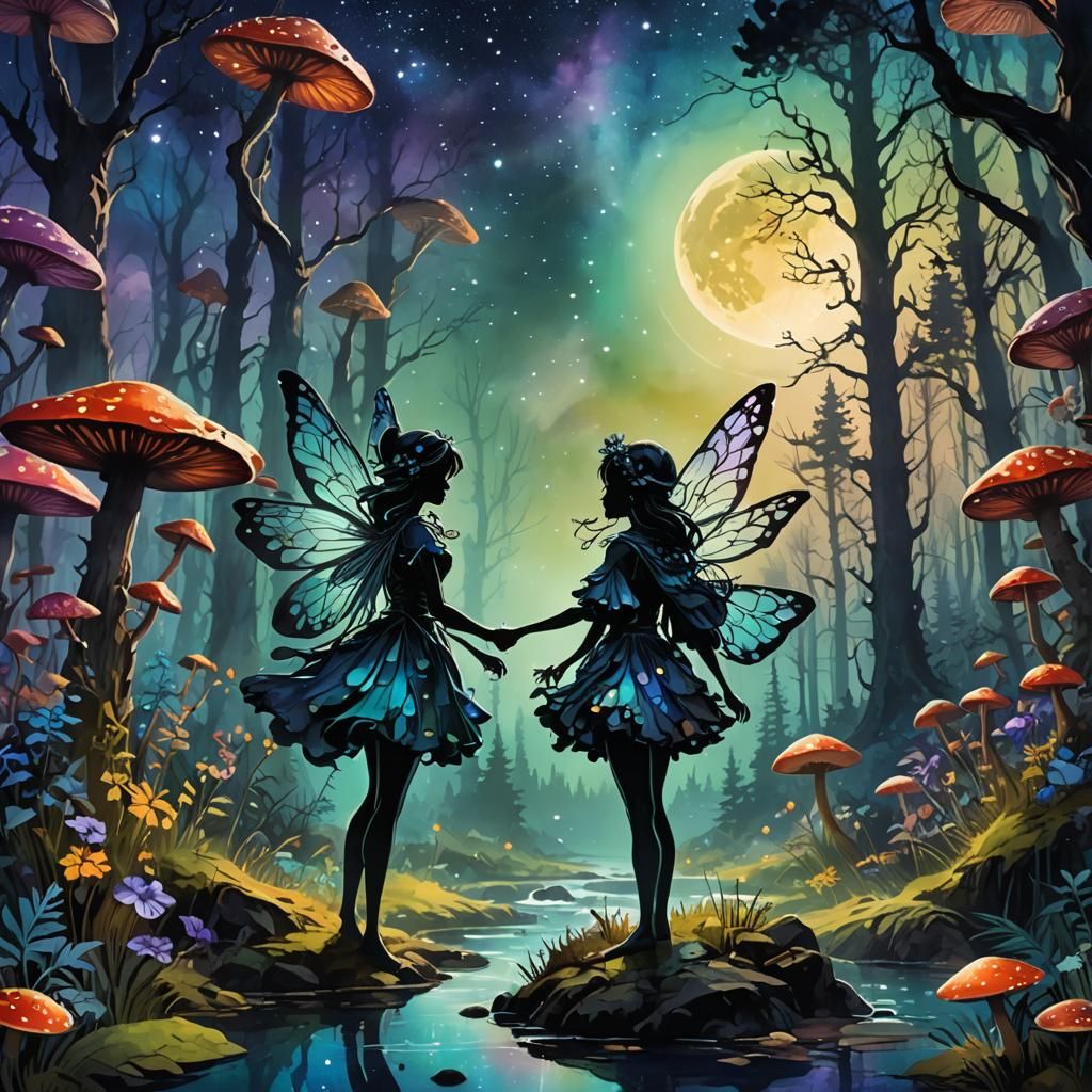 Fairy Silhouette in Forest with Magic Mushrooms