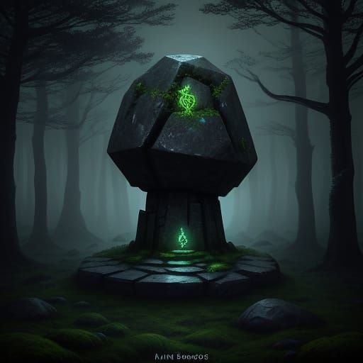 Mysterious Glowing Stone in Dark Fantasy Forest