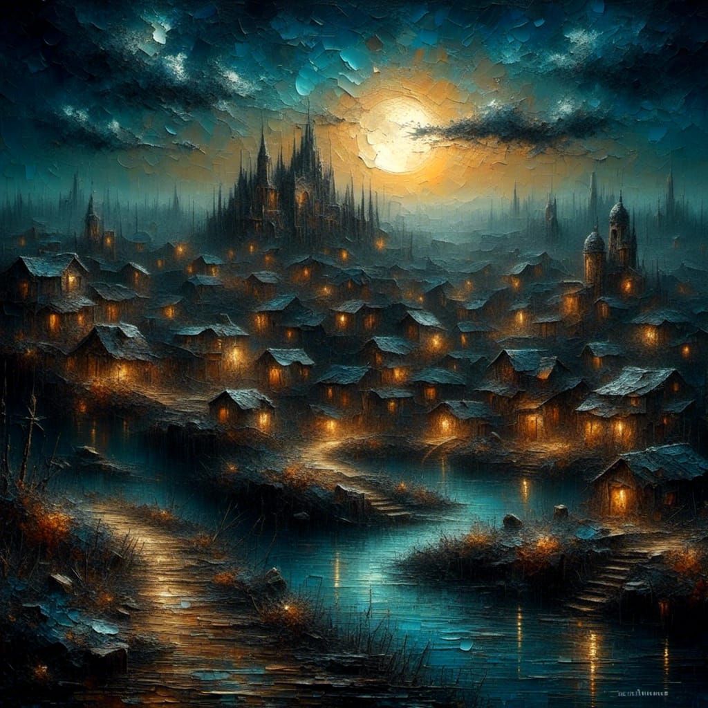 Dark Metropolis Skyline in Acrylic Painting Style