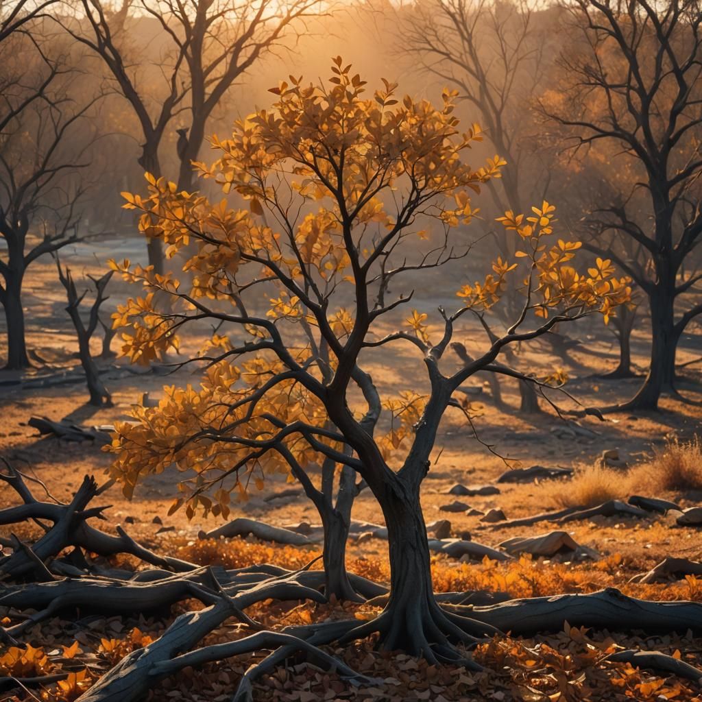 Irigani Tree at Sunset: Hyper-Realistic Autumn Landscape